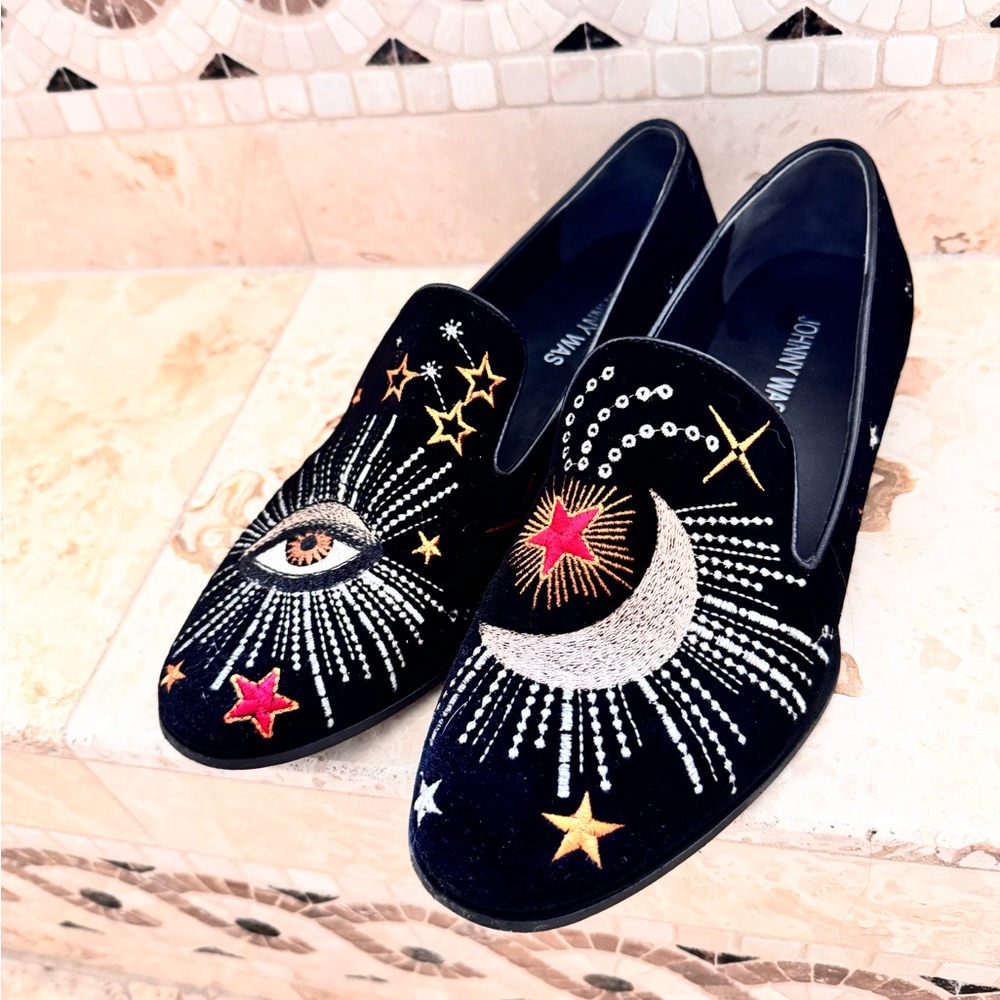 Black and Gold Embroidered Loafers with Suede Finish
